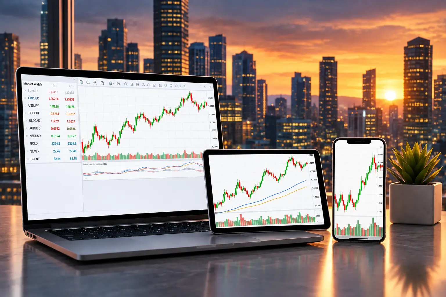 MetaTrader 5 trading platform on laptop and iPhone